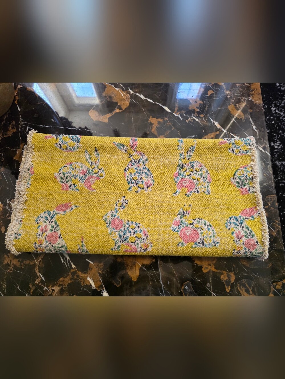 Shabby Chic Bunny Patterned Table Runner Yellow Blue Pink Frayed Edge 72x17.5